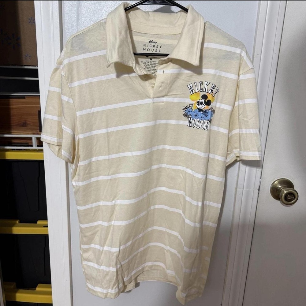 Disney Mickey Polo Shirt M Tan Striped